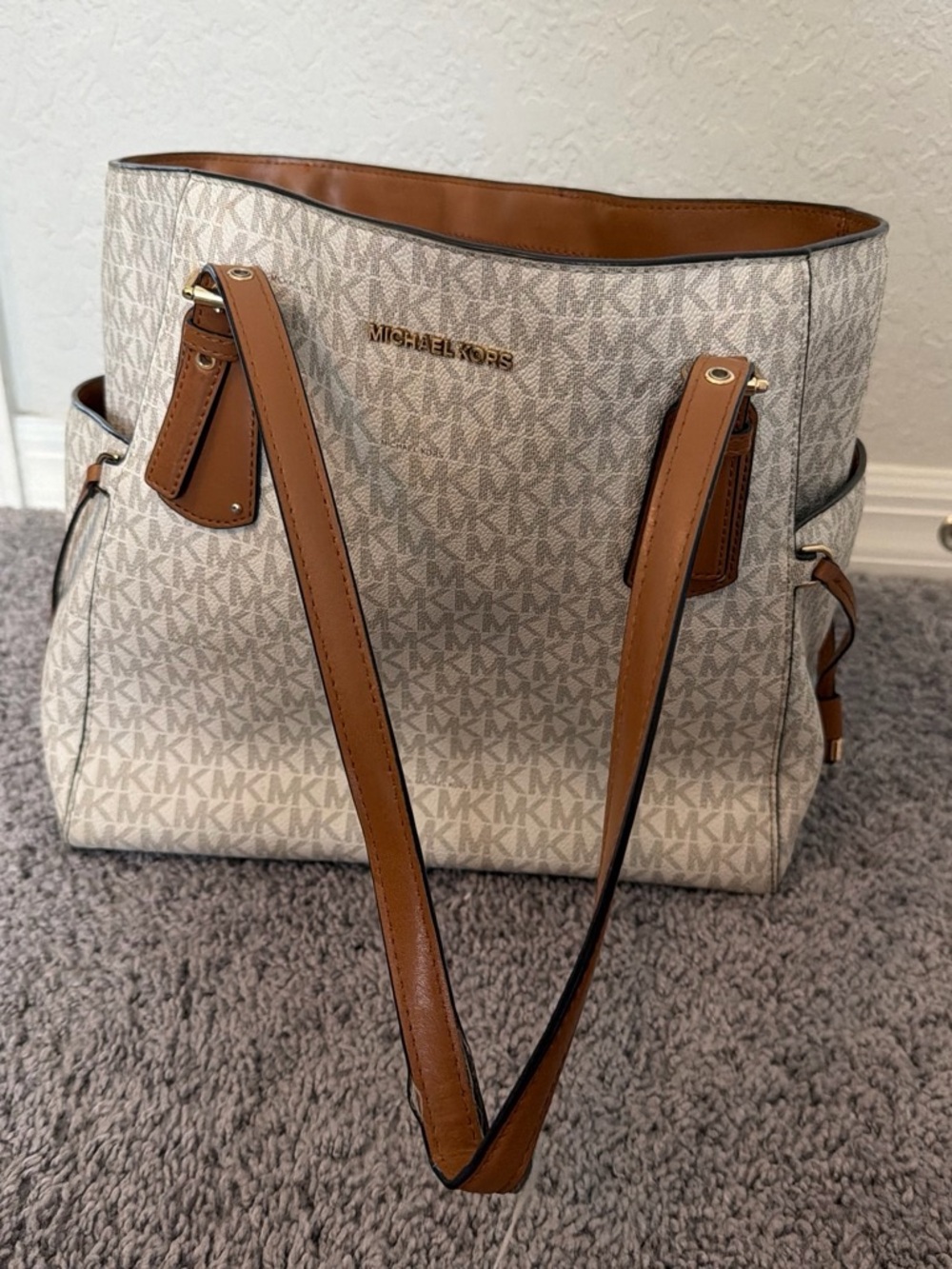 Michael Kors Beige Signature Tote with Acorn Leather Trim